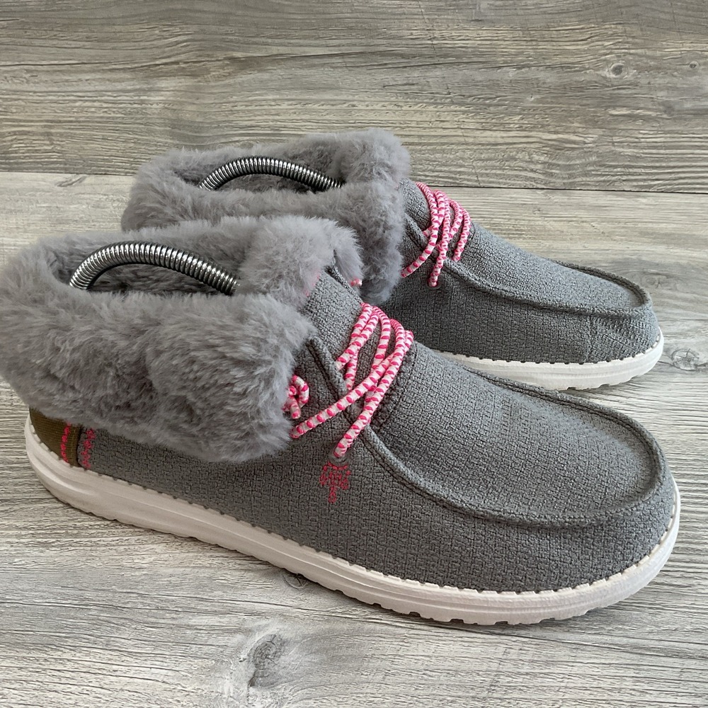 Hey Dude Britt Boho Fur Lined Slip On Shoes Gray Pink Women's Size 10